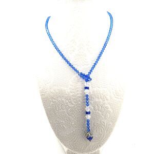 Necklace Blue Bicone Crystal Beads Lariat 19” Y-Drop Sterling Filigree Cap
